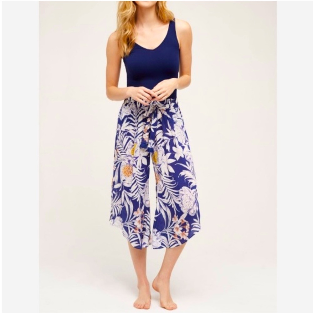 Anthropologie Blue Floral Wide Leg Jumpsuit